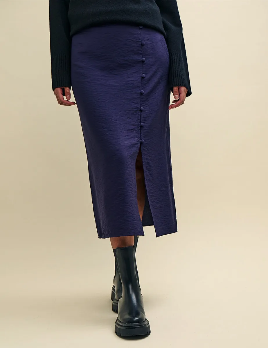 Navy Side Slit Button-Up Midi Skirt