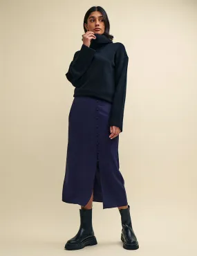 Navy Side Slit Button-Up Midi Skirt