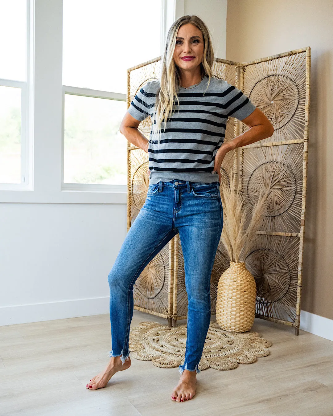 NEW! Heidi Short Sleeve Striped Sweater - Charcoal