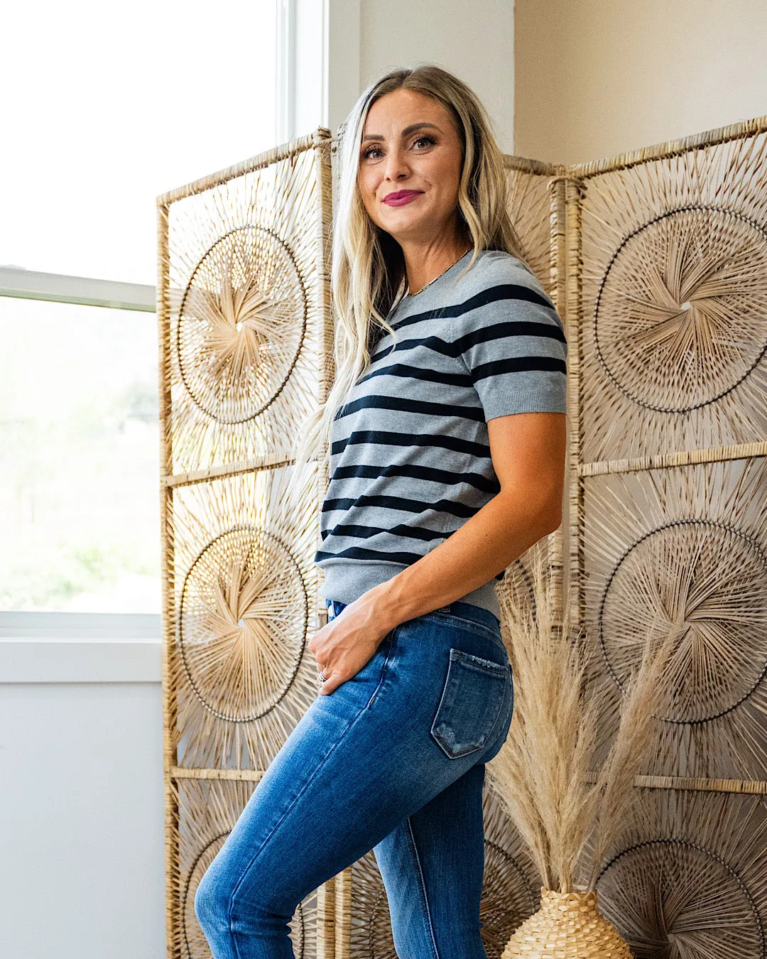 NEW! Heidi Short Sleeve Striped Sweater - Charcoal