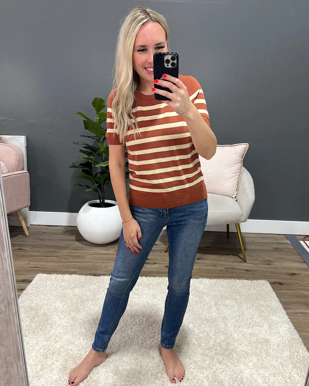 NEW! Heidi Short Sleeve Striped Sweater - Rust