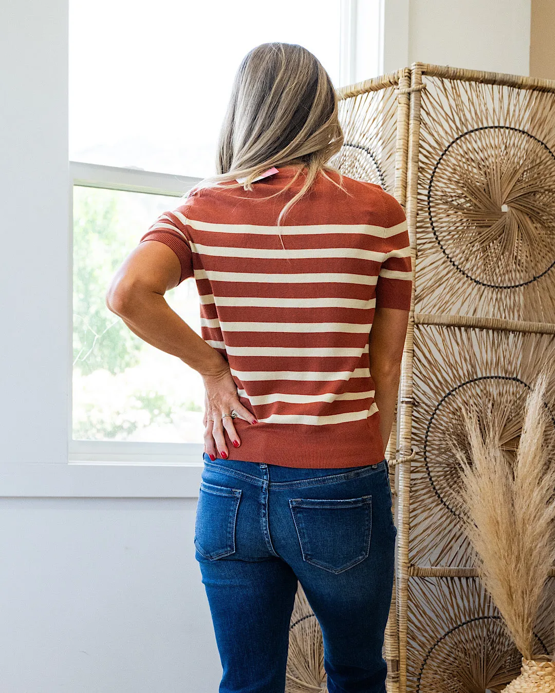 NEW! Heidi Short Sleeve Striped Sweater - Rust