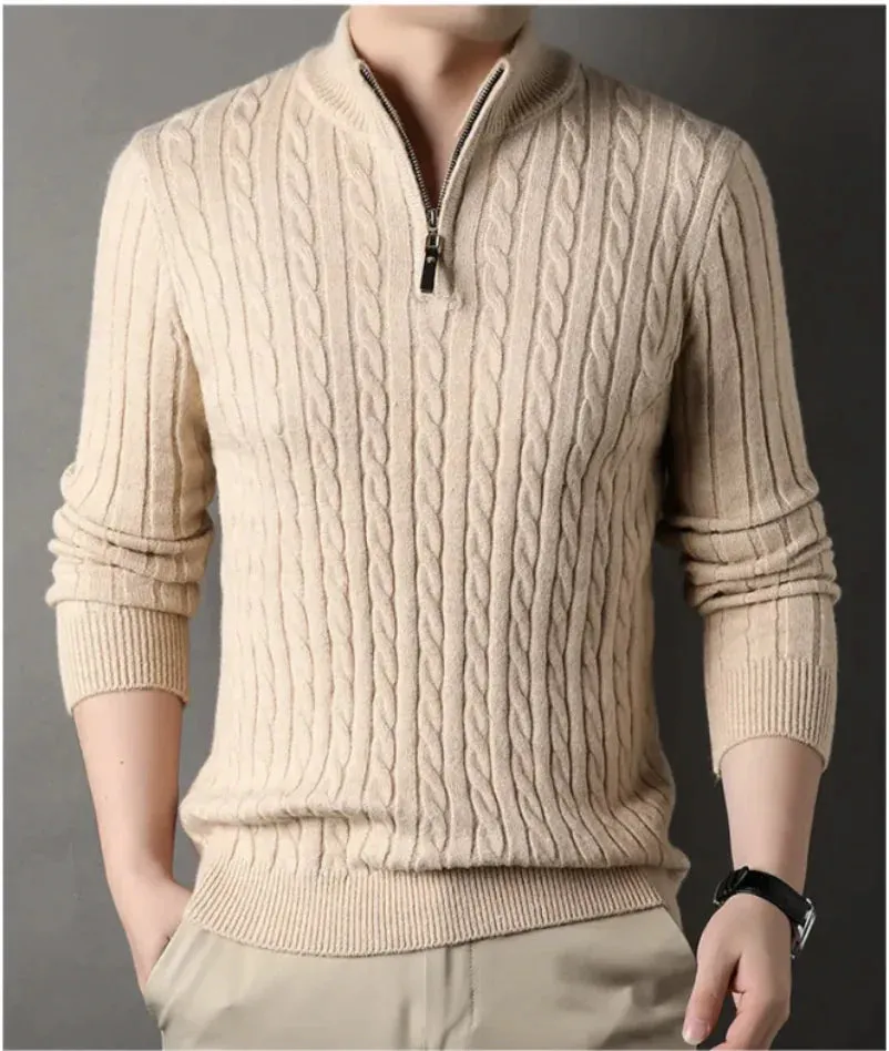 New Men's Solid Color Half Zipper Thick Sweater