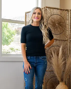 NEW! Rebecca Half Sleeve Rib Knit Top - Black