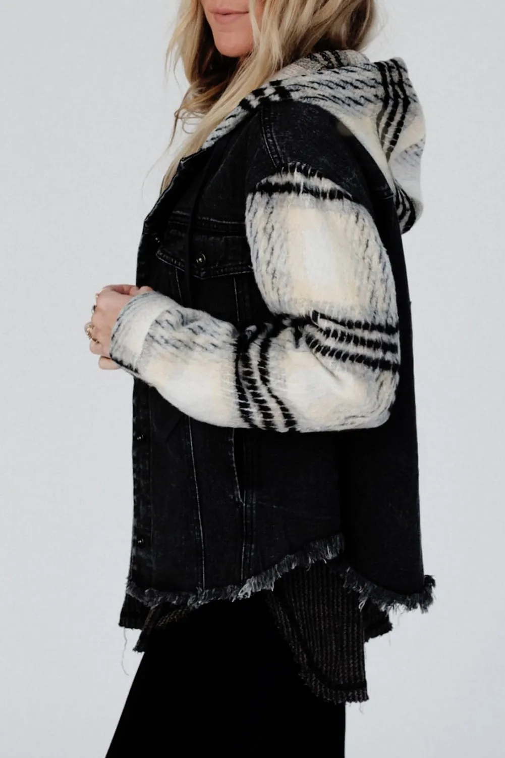 Plaid Sleeve Frayed Hem Hooded Denim Jacket
