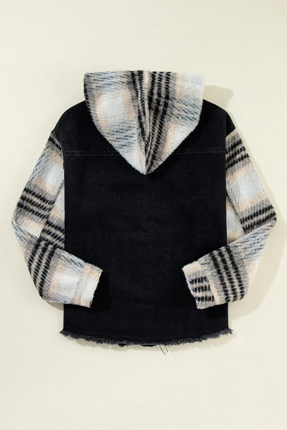 Plaid Sleeve Frayed Hem Hooded Denim Jacket