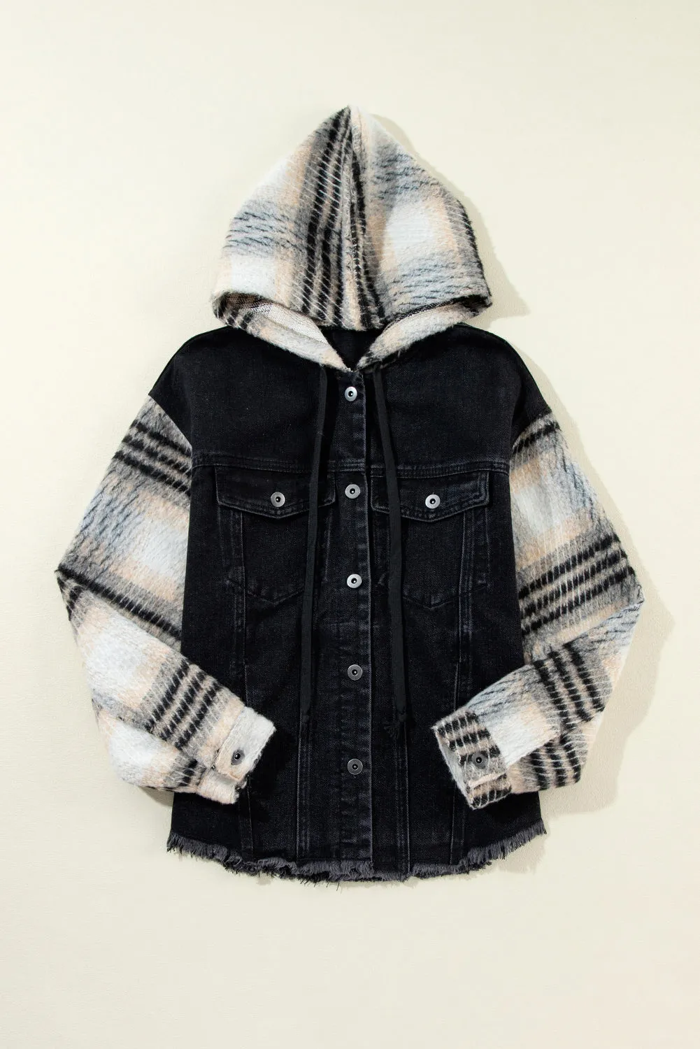 Plaid Sleeve Frayed Hem Hooded Denim Jacket