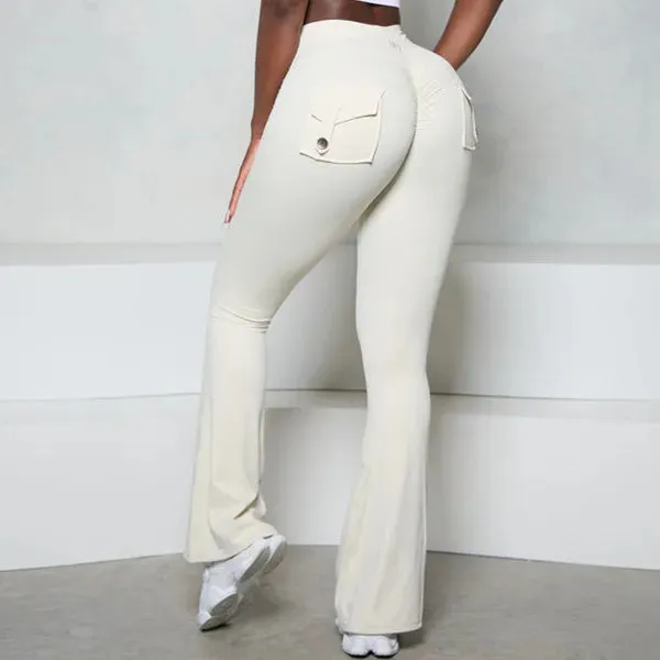 Pocket Button Flare Leggings High Waist Wide Leg Yoga Pant Women Gym Fitness Sport Latin Dance Trousers Active Bottoms