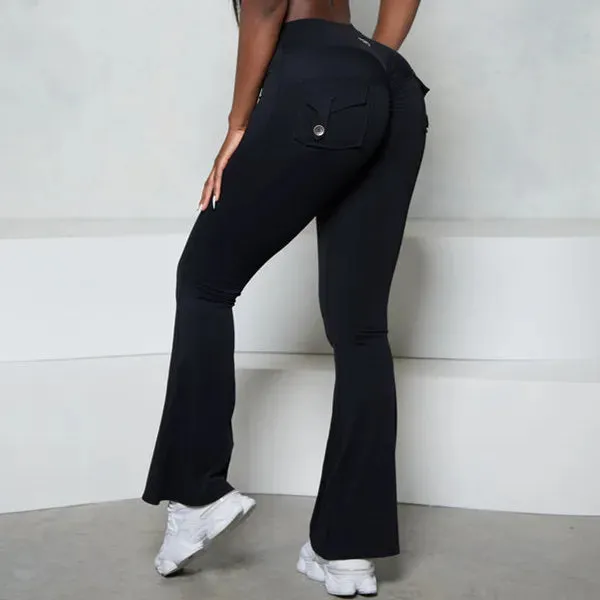 Pocket Button Flare Leggings High Waist Wide Leg Yoga Pant Women Gym Fitness Sport Latin Dance Trousers Active Bottoms