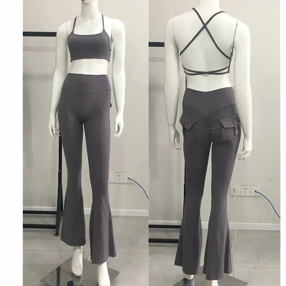Pocket Button Flare Leggings High Waist Wide Leg Yoga Pant Women Gym Fitness Sport Latin Dance Trousers Active Bottoms