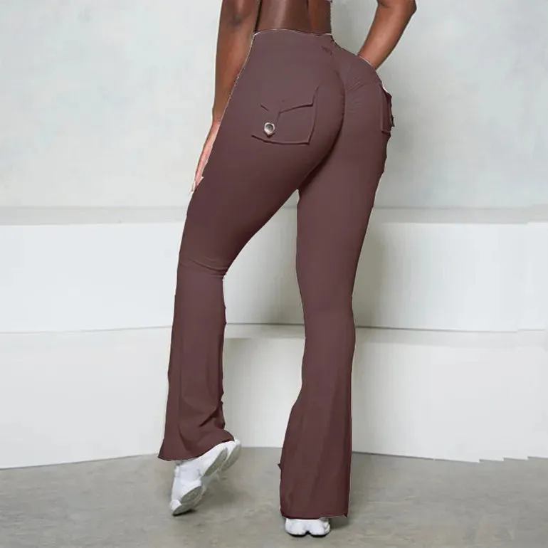 Pocket Button Flare Leggings High Waist Wide Leg Yoga Pant Women Gym Fitness Sport Latin Dance Trousers Active Bottoms