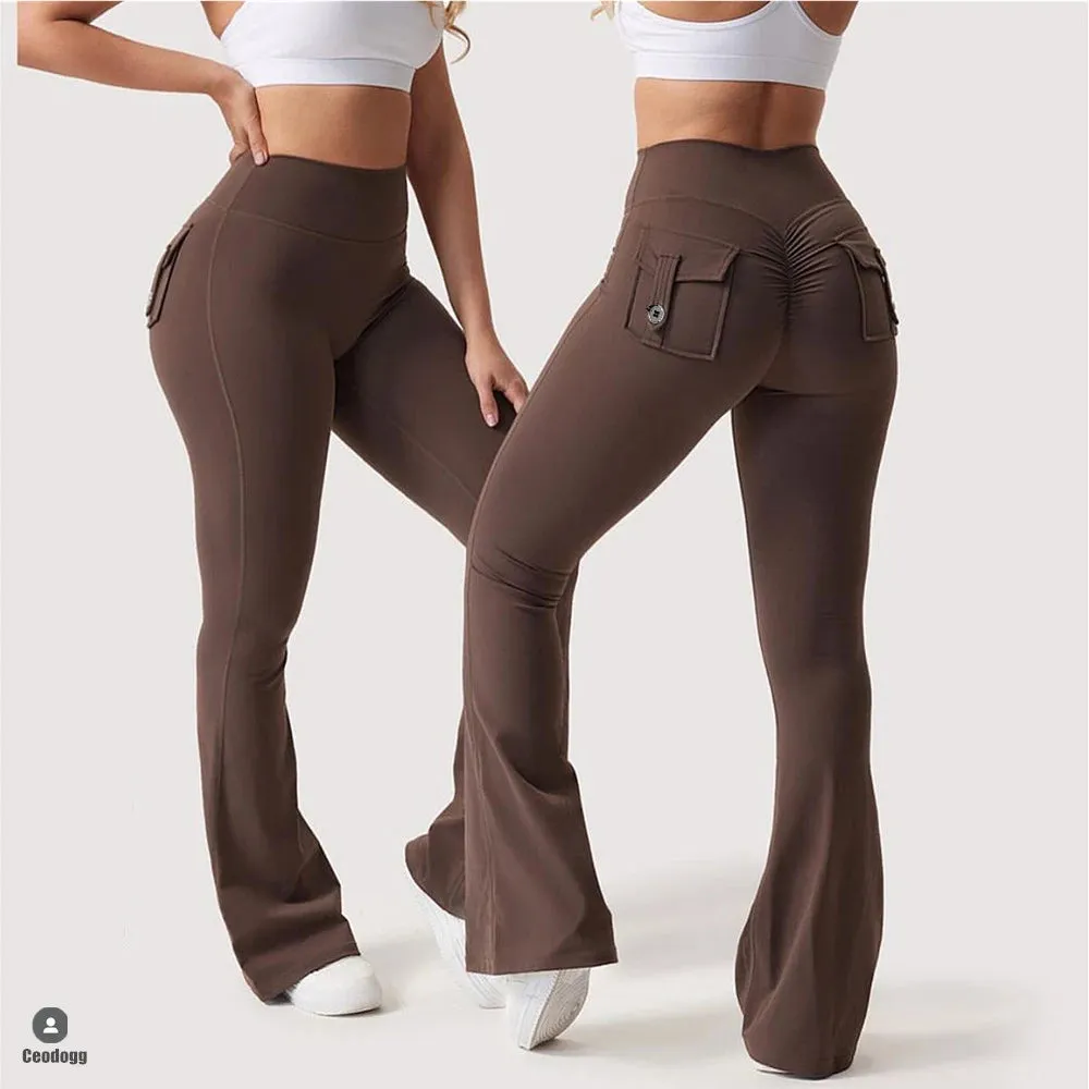 Pocket Button Flare Leggings High Waist Wide Leg Yoga Pant Women Gym Fitness Sport Latin Dance Trousers Active Bottoms