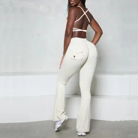 Pocket Button Flare Leggings High Waist Wide Leg Yoga Pant Women Gym Fitness Sport Latin Dance Trousers Active Bottoms