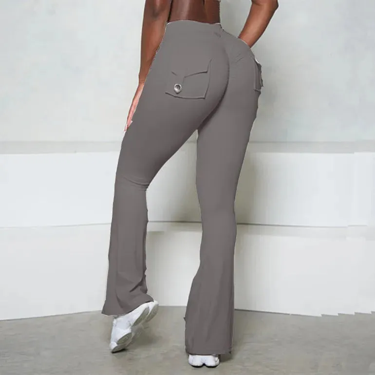 Pocket Button Flare Leggings High Waist Wide Leg Yoga Pant Women Gym Fitness Sport Latin Dance Trousers Active Bottoms