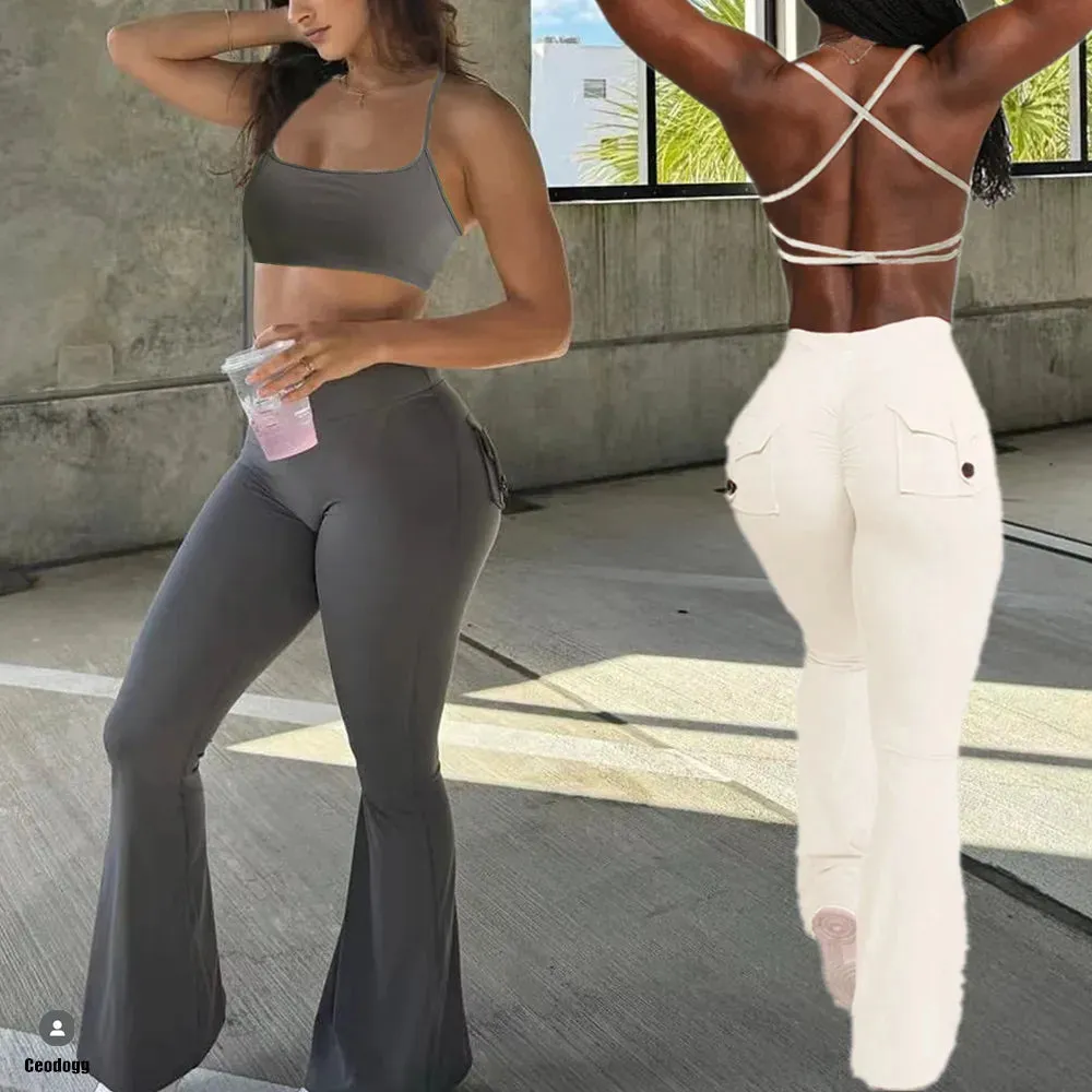 Pocket Button Flare Leggings High Waist Wide Leg Yoga Pant Women Gym Fitness Sport Latin Dance Trousers Active Bottoms