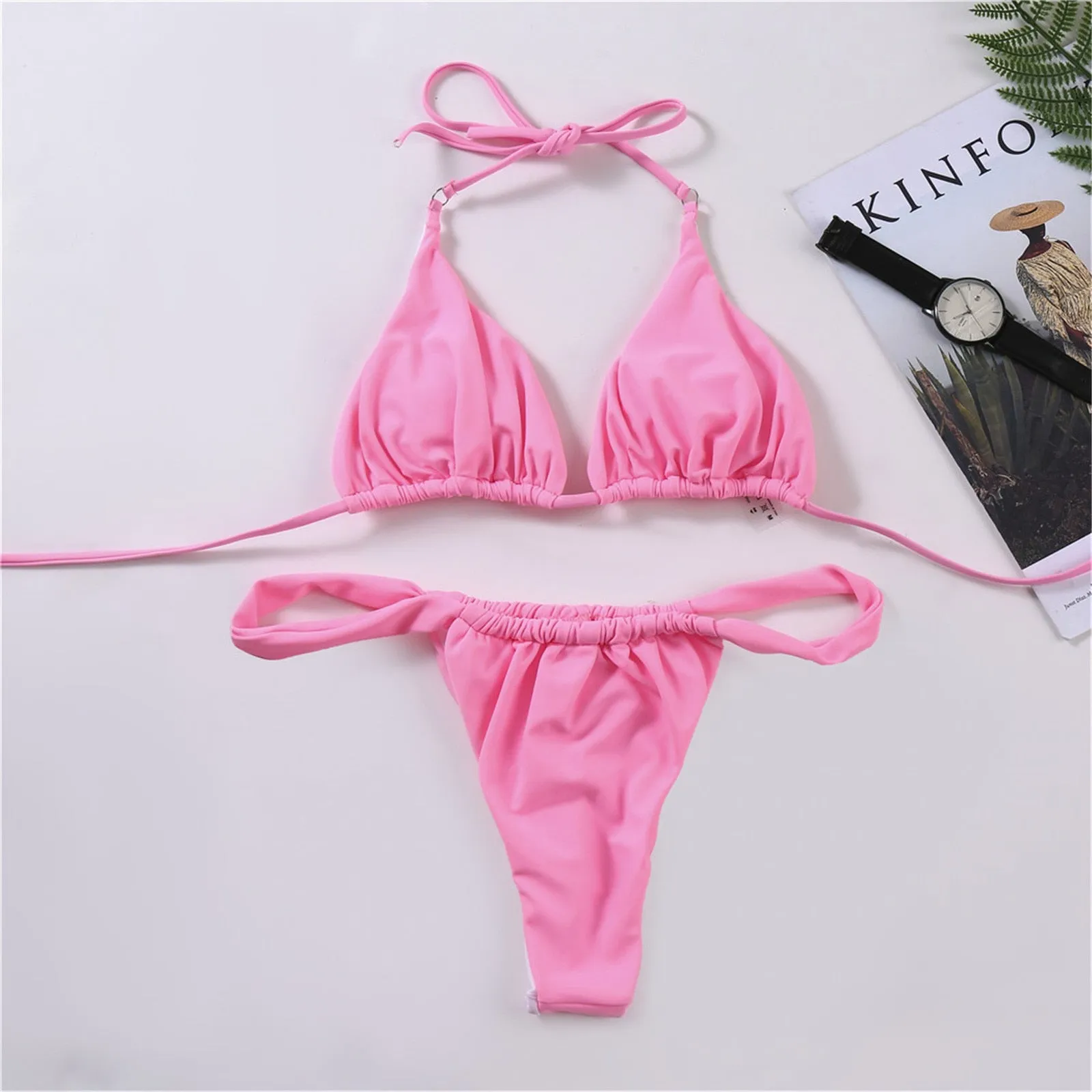 Swimsuit Bikini Women Solid Color High Leg Thong Swimwear Bikinis