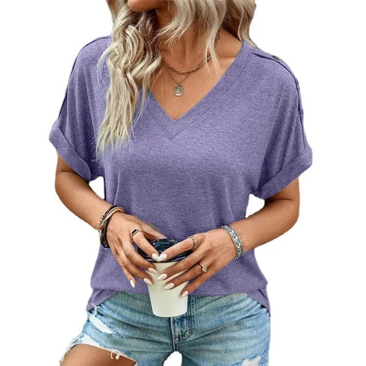 Top Solid Color Button Short Sleeve T-shirt