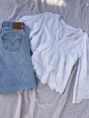 Vintage White Cotton Embroidered Long Sleeved Top