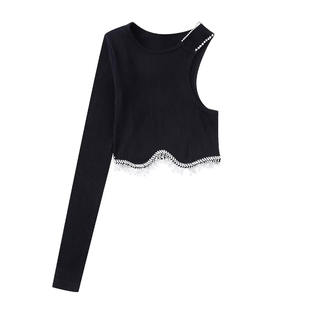 Women Sexy Hem Tassel Knitting T Shirt